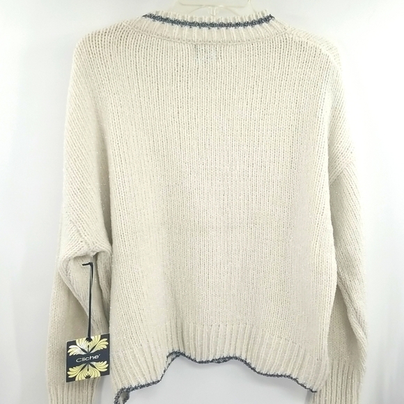 Cliche Ivory Crew Neck Pullover Sweater with Silver Metallic Accents - Picture 4 of 6